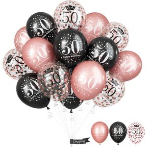 50th Birthday Decorations for Women, Pack of 15 Happy 50th Birthday Balloons Black Rose Gold Confetti Latex Helium Balloons for Her Age 50 Years Old 50th Birthday Party Decor Celebration Supplies