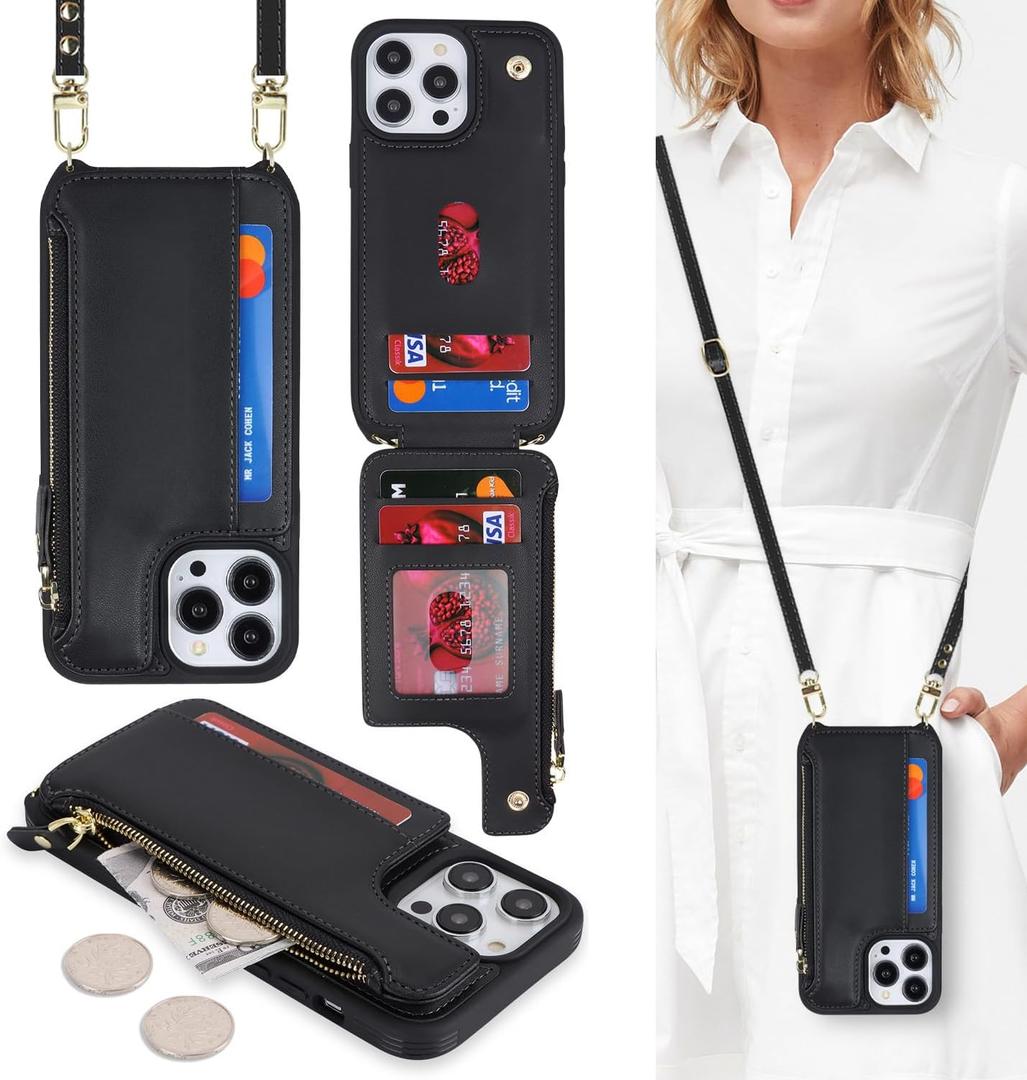Cavor for iPhone 15 Pro Max Case with Card Holder, Wallet Case for Women, for iPhone 15 Pro Max Phone Case with Strap,Crossbody Lanyard and Wristlet Zipper Pocket-Black