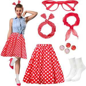 Ibeauti 50s Costumes for Women Girls 1950s Poodle Skirt Outfits Set with Cat Eye Glasses Chiffon Scarf Bandana Tie Headband Earrings Socks (X-Large, Red)