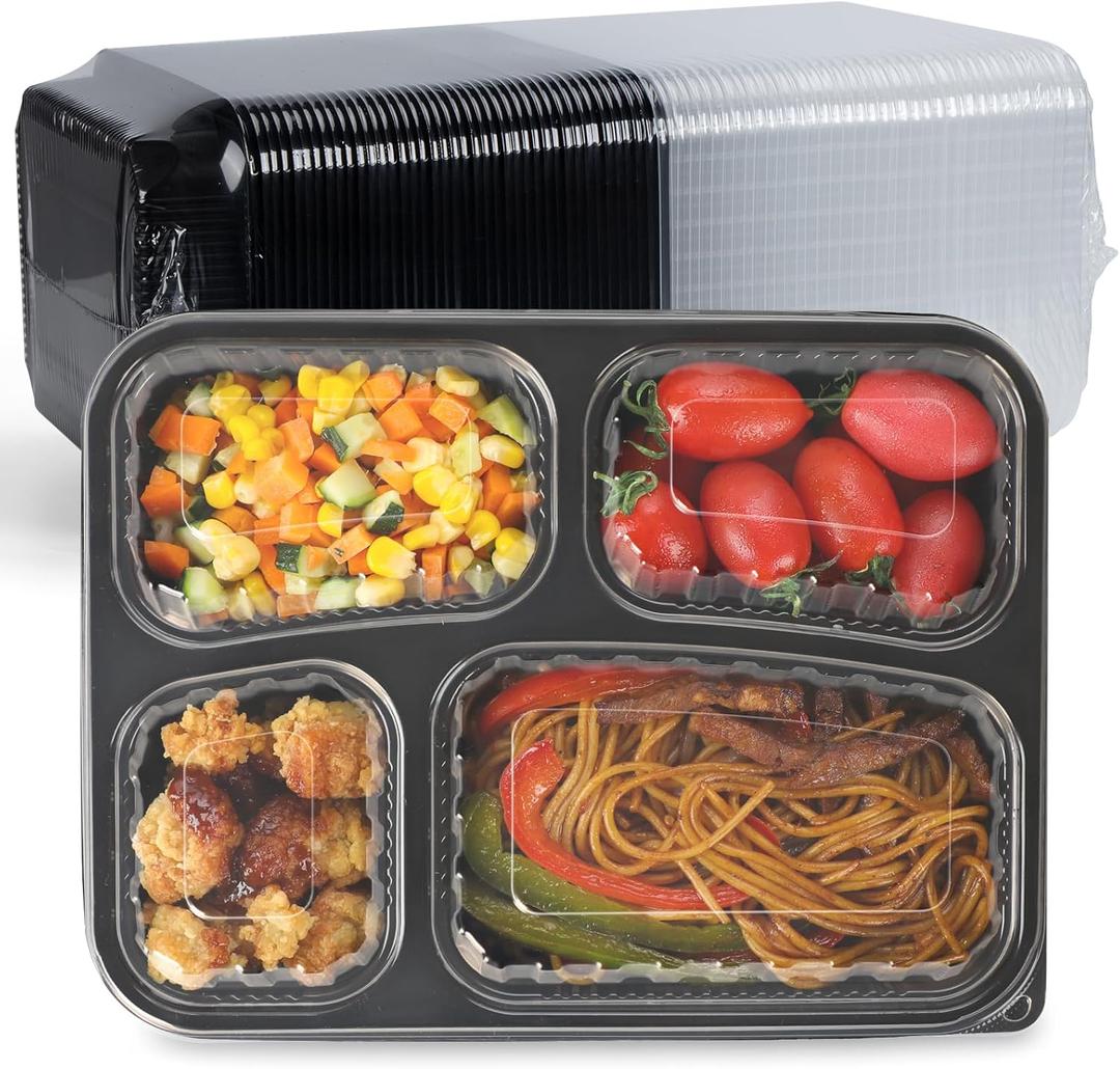 Meal Prep Containers 34oz 40 Pack - BPA Free PP Plastic Shrink Wrap & Leak Proof Takeout Box | Dishwasher Freezer & Microwave Safe Reusable for Bulk Cooking | Black 4 Compartment Food container