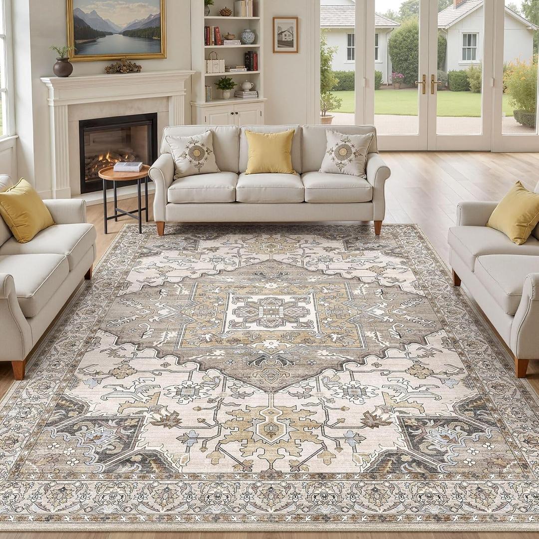 8x10 Area Rugs for Living Room: Non Slip Neutral Washable Brown Rug, Soft Stain Resistant Indoor Floor Carpets for Bedroom Dining Decor Farmhouse Home Office Kid & Pet Friendly