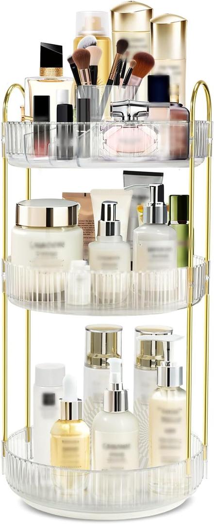Fzebys 360 Rotating Makeup Organizer for Vanity,3 Tier Large Capacity Skincare Organizers,Bathroom Counter Organizer, transparent Spinning Perfume Organizer & Vanity Organizer (NEW-White, 3 Tier)