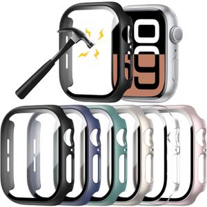 Rontion 6 Pack Hard PC Case Compatible with Apple Watch Series 1 42 mm-Series 10/11 with Tempered Glass Screen Protector, Ultra-Thin Scratch Resistant Protective Bumper Covers for iWatch 11/10 42mm Accessories (Black+Blue+Green+Starlight+Clear+Rose Gold)