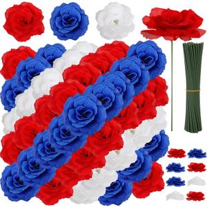 108pcs Roses Head Flowers with Stem - Red Blue & White Artificial Flowers Rose Bulk - Silk Rose Fake Flower Arrangement for Patriotic Memorial Bouquet Grave Centerpieces 4th of July Party Wall Decor