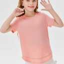 Haloumoning Girls Summer T Shirts Loose Curved Hem Short Sleeve Shirt Athletic Casual Tops Tees 4-14 Years (Pink)