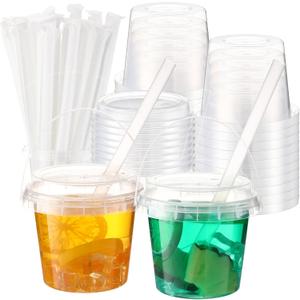 Funnymoom 50 Set 16oz Clear Plastic Drink Buckets with Lids and Straws Disposable Iced Coffee Cup Buckets for Cocktail Parties Smoothie Cup Bulk with Handles for Beach Pool Party Supplies