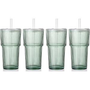 4PCS Green Ribbed Glass Cups with Lids and Straws, 20oz Vintage Drinking Glasses, Aesthetic Iced Coffee Cups, Glass Tumbler for Boba, Beer, Tea, Cocktails, Green Ribbed Glassware Set