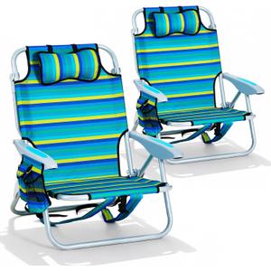 2PCS Portable Beach Chair for Adults, Outdoor Lightweight Camping Chair, 5-Position Lay Flat Reclining Backpack Beach Chair with Headrest, Cup Holder, Zipper Pouch & Storage Pocket, Striped