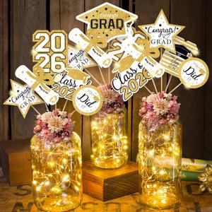 OuMuaMua Graduation Decorations Class of 2026-30pcs White and Gold Graduation Table Centerpieces Sticks Table Toppers with Lights for College High School Congrats Grad Party Supplies