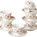 PRECITIME 6oz Floral Porcelain Tea Cup & Saucer Set of 6, Pink Rose, Party