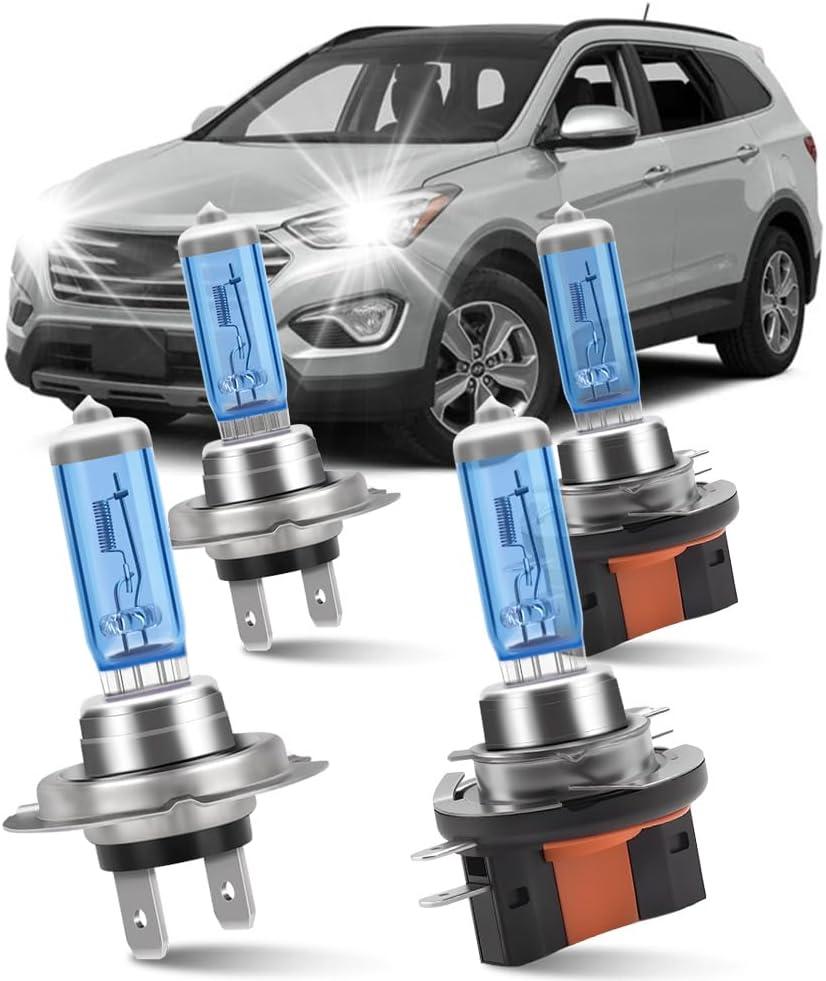 Fit For Hyundai Santa Fe 2010-2016 Headlight Bulbs, H7 High Beam H11B Low Beam Halogen Bulbs Kit 300% Brightness 100W, 6000K Super White Light, 12V/100W,Pack of 4