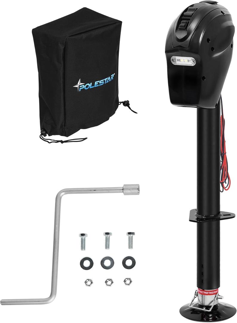 POLESTAR Electric Trailer Jack A-Frame 3500 lbs, Heavy Duty Power Tongue Jack with Waterproof Protective Cover & LED Light for Travel Trailer Camper, RV, 12V DC with Hard Wiring, 9"-27" Lift