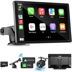 Wireless Apple Carplay Screen for Car 4K Dash Cam, 9" Portable Apple Carplay & Android Auto Car Stereo, with 1080p Backup Camera, GPS Navigation/Mirror Link/Voice Control/Bluetooth (Black)