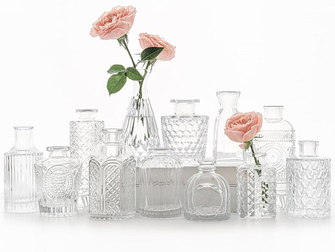 SUPMIND 12pcs Glass Bud Vase Set, Small Clear Flower Vases for Centerpieces in Bulk, Mini Vintage Vase for Wedding, Home,Table Decoration