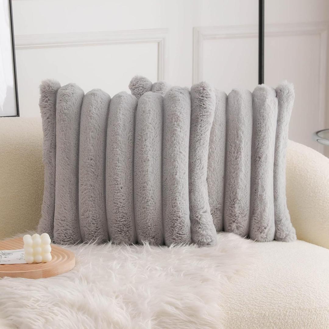 Neelvin Grey Faux Fur Cozy Soft Striped Decorative Throw Pillow Covers 24x24 inch Set of 2,Velvet Pillowcase Cushion Case for Sofa Couch (24" x 24" (Pack of 2), Stripe Lightgrey)