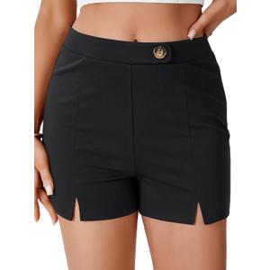 Vrtige Women's Split Hem High Waist Decorative Buttons Invisible Zip Elastic Sliming Shorts (Black)