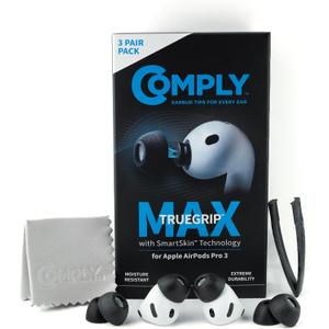 Comply TrueGrip MAX | Premium Memory Foam Replacement Earbud Tips for Apple AirPods Pro Gen 3 | Long Lasting Comfort, MAX Durability, Secure Fit, Superior Noise Isolation| Black (S/M/L) (3 Pairs)