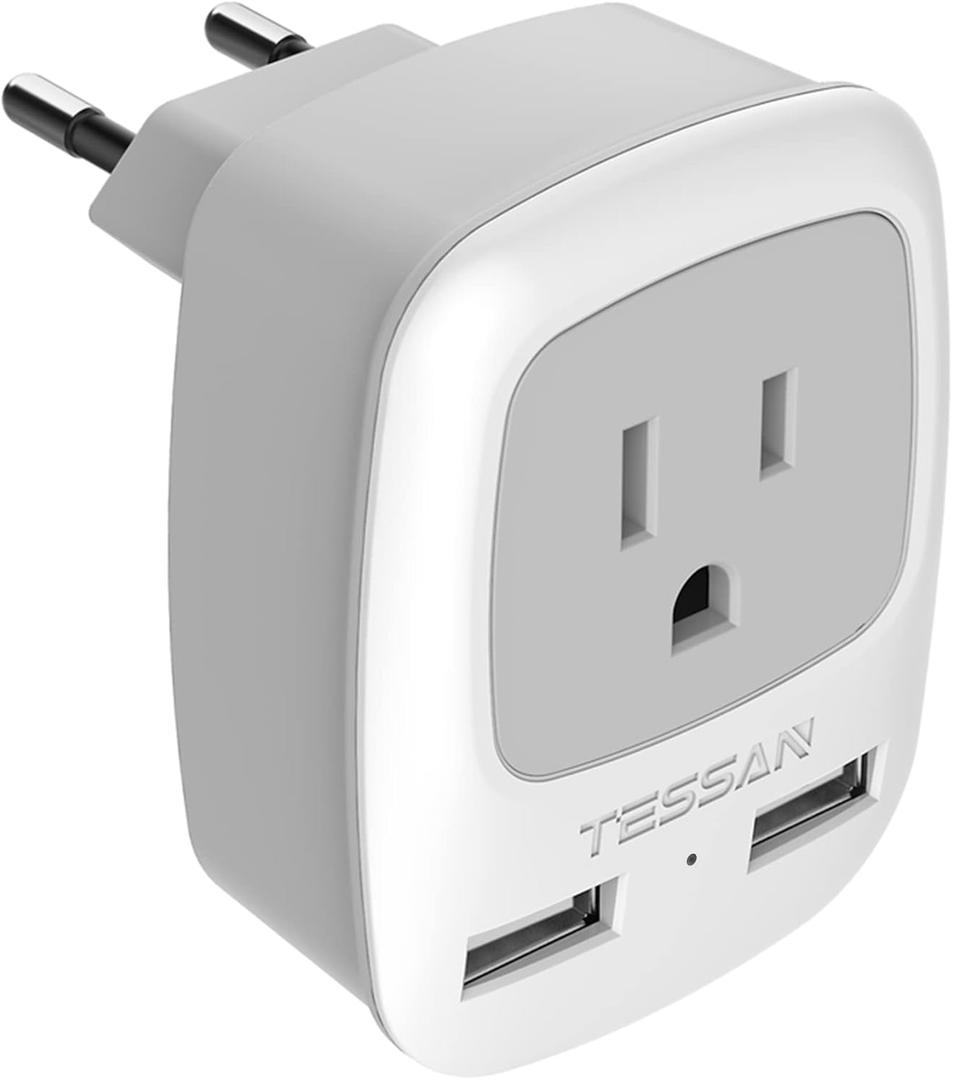 TESSAN European Travel Plug Adapter, Europe Power Adaptor with 2 USB Ports, International Type C Outlet Charger for US to Most of EU Iceland Spain Italy France Germany (2.6*2.8*2.3 inch)