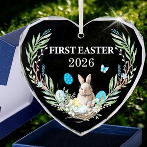 HOWAF 2026 My First Easter Ornament for Baby Boy, Heart Acrylic Keepsake with Blue Gift Box & White Ribbon, Newborn First Easter Souvenir Easter Tree Decor for Nursery