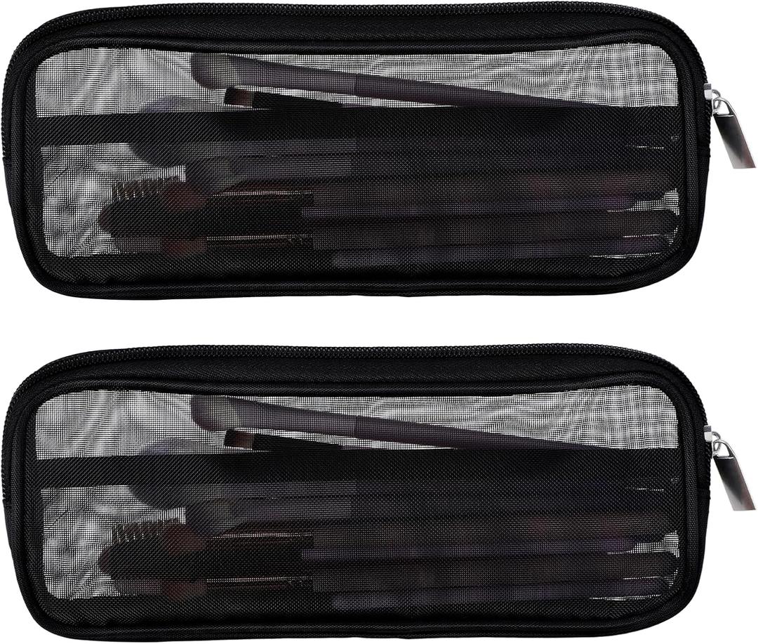 8.3 X 4 Inch 2 PCS Mesh Makeup Brush Bag Clear Travel Makeup Brush Holder Portable Mesh Travel Toiletry Bag with Zipper, Transparent Makeup Brush Storage Bag Cosmetics Brushes Organizer (Black)