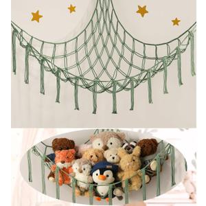 Stuffed Animal Hammock - Large Stuffed Animal Net Corner - Hanging Stuff Animal Storage Organizer For Plush Plushie Display Room Bedroom Boho Decor (Standard(41.5"L x 55.2"W x 41.5"H), Olive Green)