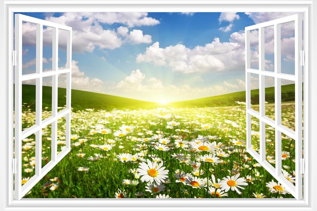 Fake Window for Walls Faux Window Decal Windows Poster Picture Open Window Wall Art Decor, Stick and Peel Wallpaper Nature Wall Decol Daisy Grass Scene Mural, 16"x24"