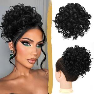 PEACOCO Messy Bun Short Curly Ponytail Extension Elastic Drawstring Loose Hair Bun Hair Pieces for Women with Thinning Hair High Temperature Synthetic Fiber Hair Bun Extension 80g (Natural Black)