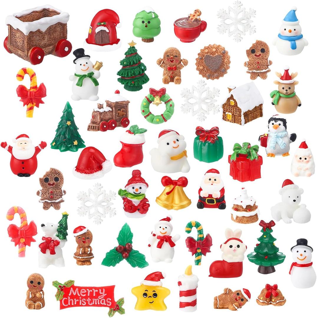 Soulchen 65 Pcs Christmas Miniature Figurines for Crafts Mini Santa Snowman Resin Charms Ornaments Bulk Snowflake Xmas Tree Reindeer Goodie Bag Fillers Gifts for Christmas Winter Party Decoration DIY