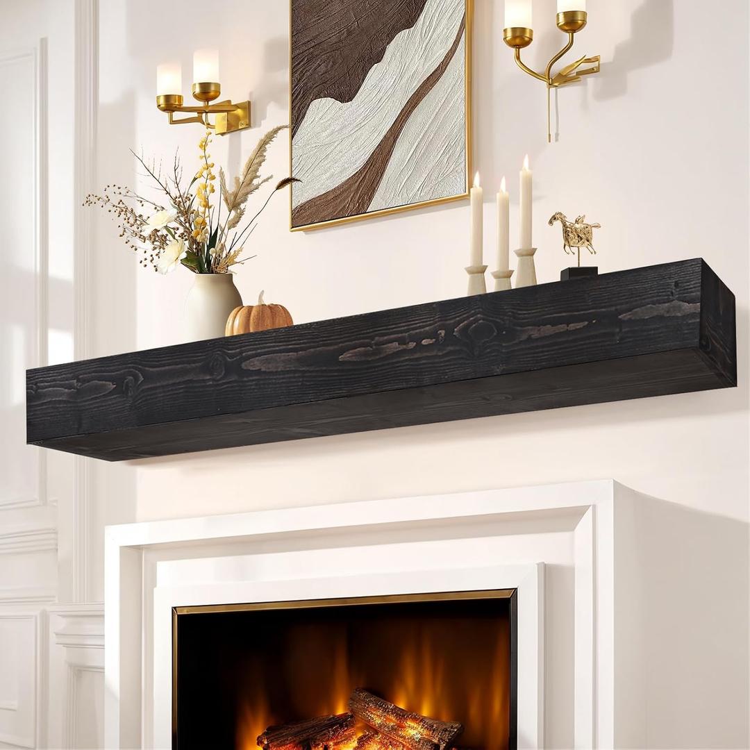 Fireplace Mantel Shelf, 72" Wooden Floating Shelf for Over Fireplace, Wall-Mounted Mantel Shelves, Decorative Mantels, Rustic Floating Mantels Shelves, Black