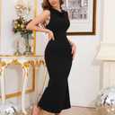 OWIN Womens 2025 Cowl Neck Long Formal Dresses Summer Sleeveless Maxi Bodycon Dress Ruched Mermaid Cocktail Dress (Black, L)