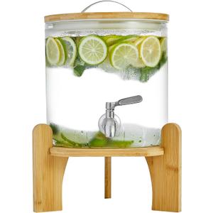 Beverage Dispenser 1.5 Gallon with Spigot Glass Water Dispenser for Parties, Bars, Restaurants, 5L with Wood Stand Drink Dispensers