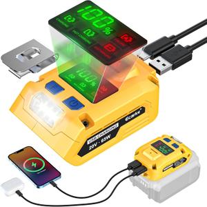 Ecarke 2-in-1 Battery Charger & Power Inverter Compatible with DeWALT 20V Battery, 65W USB-A Output & USB-B Input/Output, for Travel Emergency Use (No Battery)