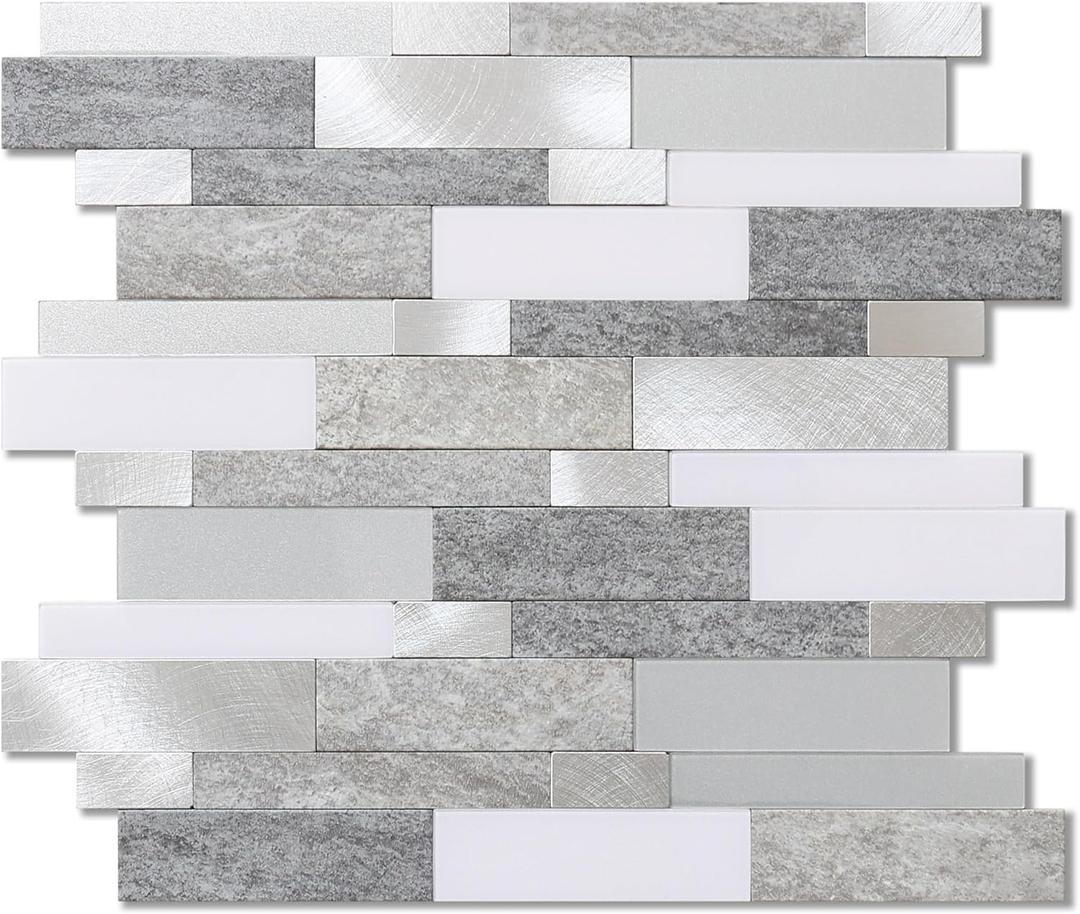 BeNice Backsplash Peel and Stick Wall Tiles for Kitchen,Subway Self Adhesive Linear Mosaic Stickers Bathroom Waterproof(5 Sheets, Rustic Gray) (5Sheets, Rustic Gray)