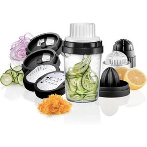 Nourished Essentials 8-in-1 Spiralizer Juicer Grater Set of 9 - Compact Plastic Vegetable Noodle Maker with Stainless Steel Blades - Dishwasher Safe - Spiralizer for Veggie Noodles