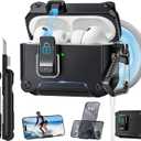 Dual Safety Lock for AirPods Pro 3 Case 2025, Compatible with MagSafe - Designed with Automatic Switch and Phone Stand, Includes a Cleaner & Keychain - Rugged Tough Hard Shell, Black