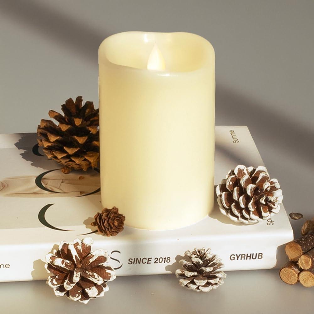 Flameless Candles Last 1300+ Hours Real Wax Flame Effect Auto-Moving 3D Wick, LED Pillar Candles with Timers Battery Operated - Ivory 6"