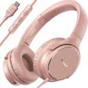 USB C Wired Over-Ear Headphones with Microphone, Volume Control, Share Port, and Adjustable Headband Foldable Stereo Headset for iPhone 16, Samsung, Laptop, Gaming, Travel (Rose Gold)