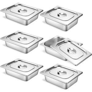 6 Set Stainless Steel Hotel Pans 1/2 Size 2 1/2 Inch Deep With Lids, Anti-Jam Chafing Steam Table Pans, Catering Food Storage Metal Pan