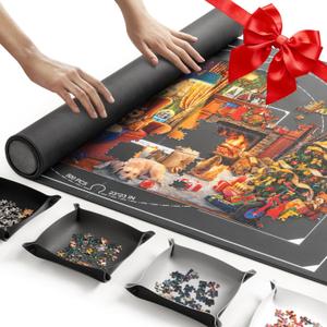 ropoda 1500 Pieces 46" x 26 "Puzzle Mat Roll Up, Puzzle Saver with 4 Large Sorting Trays & Travel Storage Bag, Portable Rollup Puzzles Keeper (Black)
