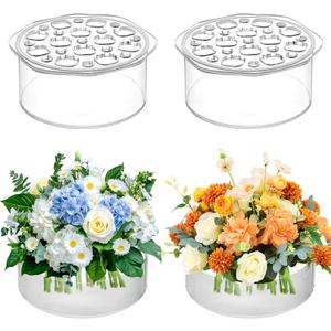 Jucoan 4 Pack Round Acrylic Flower Vase, 6 x 2.5 Inch Cylinder Low Acrylic Vase with Holes for Floral Arrangement, Home Wedding Bridal Shower Party Table Centerpieces Decor