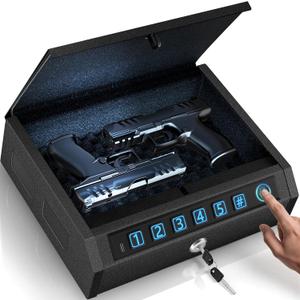 Gun Safe for Handgun, Biometric Handgun Safe with Drop Slot Quick Access with LED Light, 3-Way Unlock Fingerprint Digital PIN Key Pistol Safe, Handgun Safe Lock Box with Carbon Steel Cable for Car
