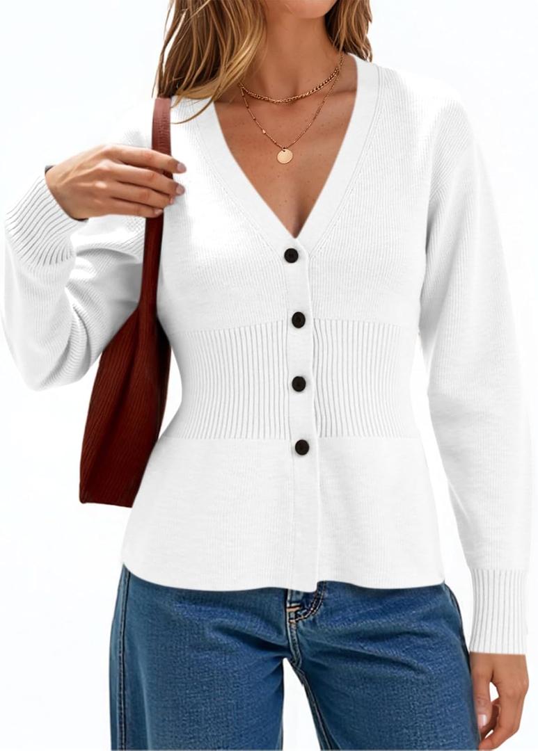 Cicy Bell Womens V Neck Cardigan Sweaters Long Sleeve Cinched Waist Knit Tops Dressy Casual Button Up Fitted Outerwear (White, M)