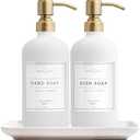 Vine Creations Glass Soap Dispenser, 2 Pack Kitchen Soap Dispenser Set with Ceramic Tray, Stainless Steel Pump, Dish Soap and Hand Soap Dispensers for Bathroom or Kitchen Decor with Waterproof Labels