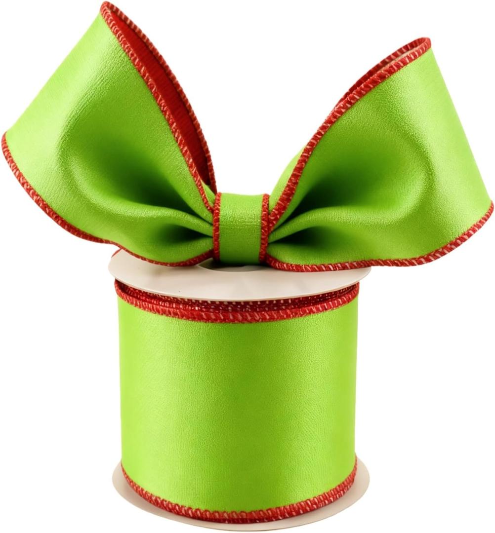 Meseey 4 Inch 10 Yards Double-Faced Lime Green/Red Velvet with Satin Back Wired Edge Ribbons for Christmas Tree Decor, Wreath Making, Gift Wrapping & Holiday Party Supplies