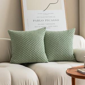 Kevin Textile 2 Packs Decorative Throw Pillow Covers 18x18 Inch for Living Room Couch Bed Spring Sofa Soft Striped Corduroy Square Cushion Case 45x45 cm Farmhouse Boho Home Decor Sage Green (18" x 18" (Pack of 2))
