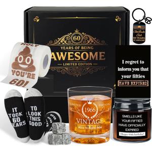 60th Birthday Gifts for Men, 6 Pcs Cool Birthday Gifts Ideas with Whiskey Glass with Frozen Stone, Funny Socks, Toilet Paper, Scented Candle, Keychain, Greeting Card for Him, Husband, Dad, Grandpa2026 (EXP 12/31/26)