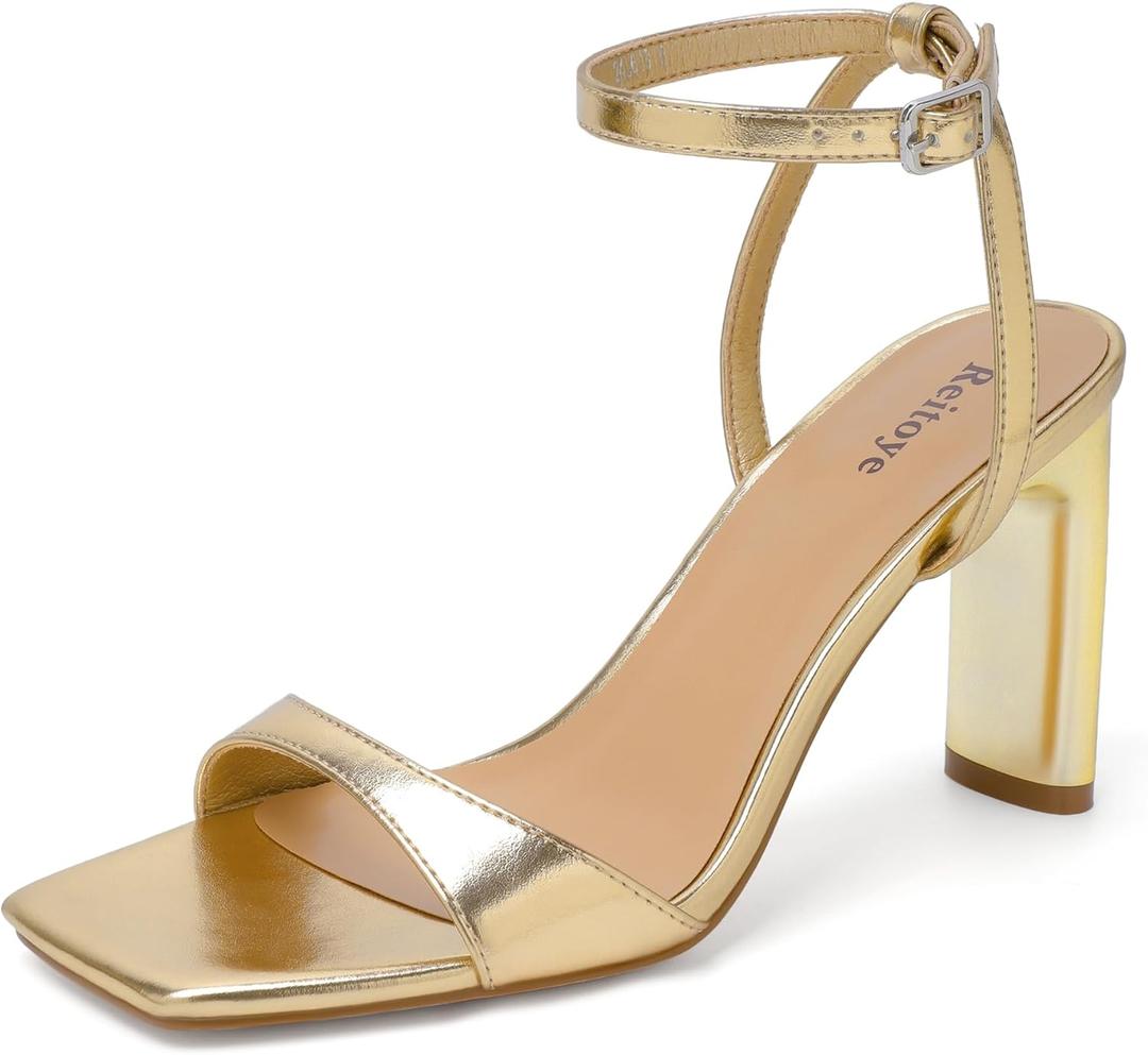 Reitoye Womens Heels Square Open Toe Chunky High Heels Strappy Ankle Strap Heeled Sandals for Women Dress Party Wedding (10, Gold) Reitoye Womens Heels Square Open Toe Chunky High Heels Strappy Ankle Strap Heeled Sandals for Women Dress Party Wedding (10, Gold)