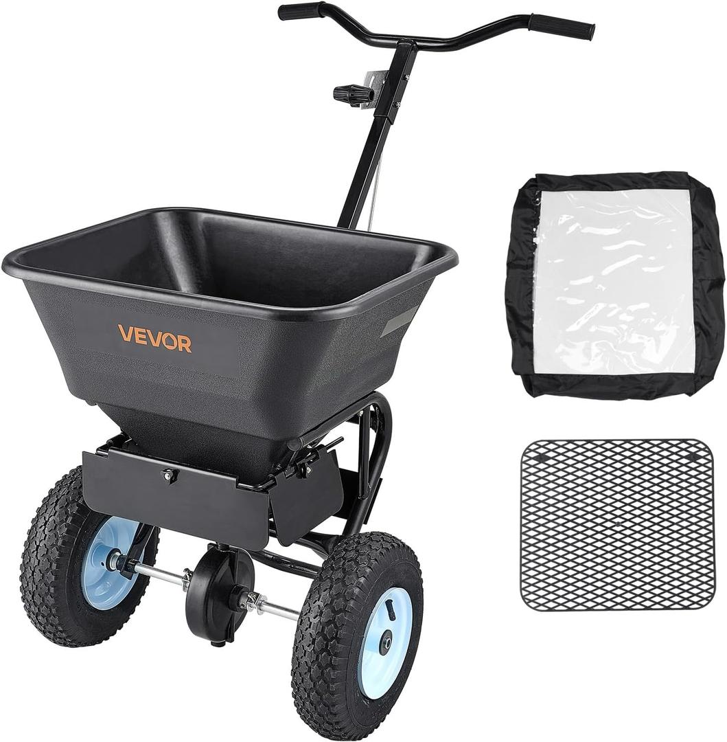VEVOR Broadcast Spreader, 100LBS Capacity, Walk-Behind Push Spreader, 0-9.8ft Spreading Width, 13 in All Terrain Pneumatic Tires, Fertilizer Spreaders with Hopper Grate, for Seed Salt Ice Melt (White hubs + black components)
