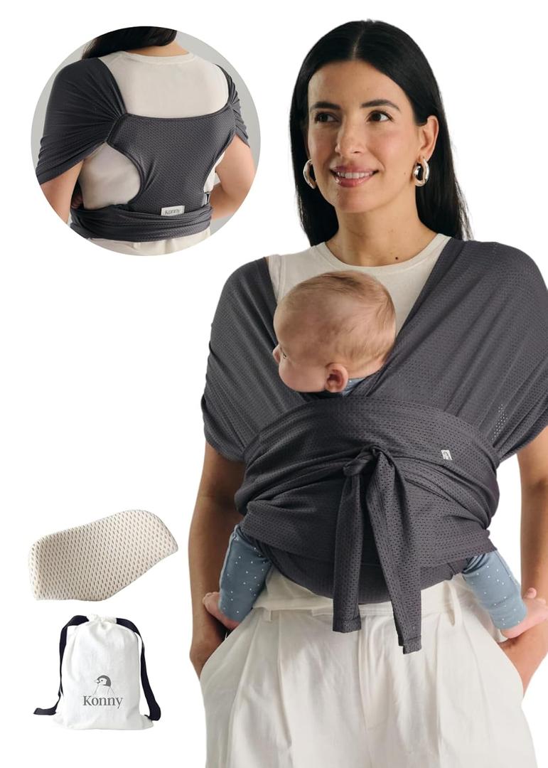 Konny Baby Carrier Flex AirMesh with Head Support - Adjustable, Easy to Wear, Hands-Free Breathable Baby Wrap Sling, Perfect for Newborn Babies Essentials up to 44 lbs (XS-XL) -Charcoal