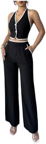WDIRARA Women's 2 Piece Outfits Button Tie Backless Halter Tank Wide Leg Pants Set Size L